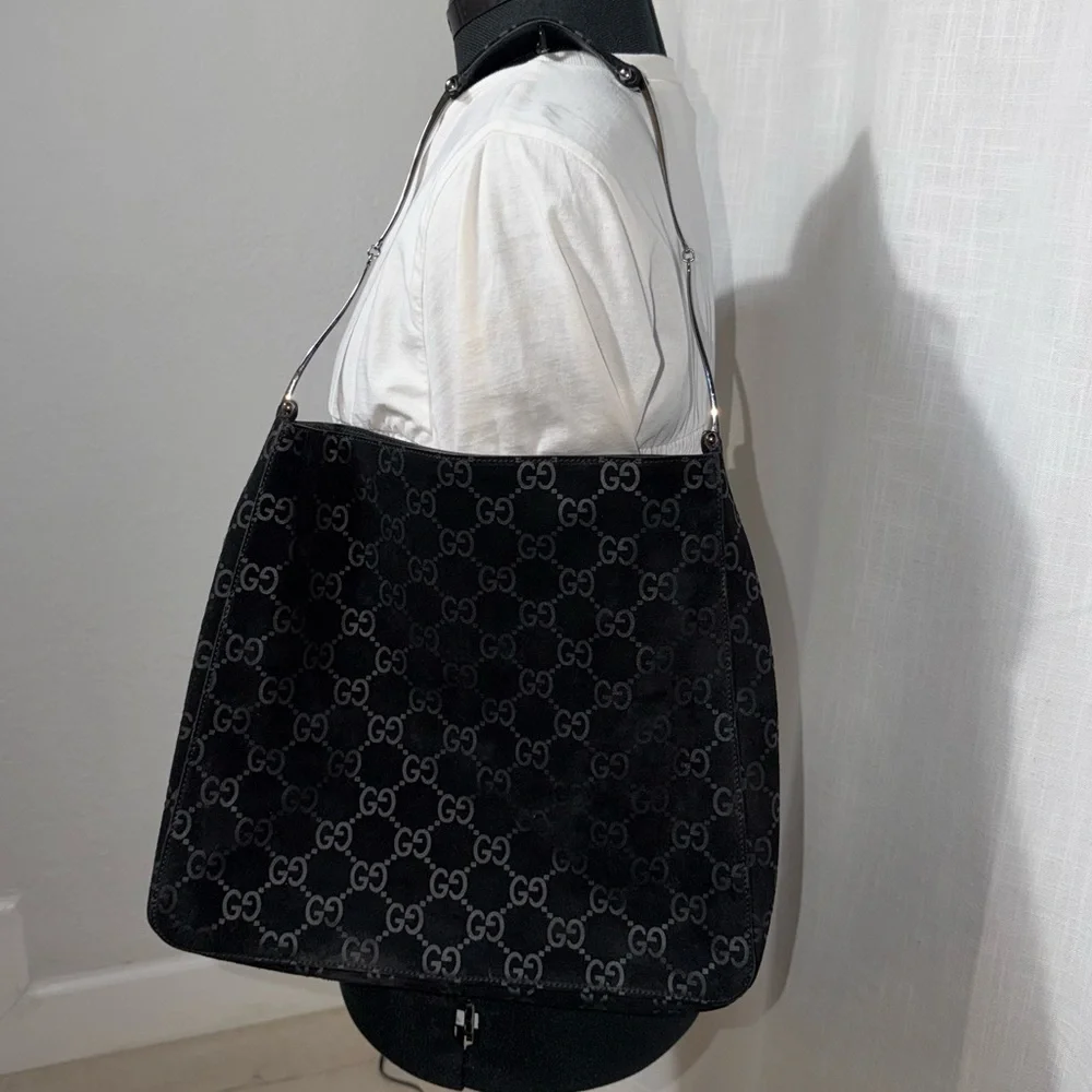 RARE Vintage Gucci Black Suede Monogram Metal Horsebit Strap Hobo Bag - Picture 3 of 17